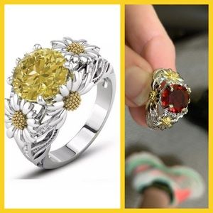 FREE Sunflower gold silver ring with red stone sz 6